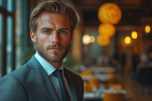 A man in a suit and tie standing in a restaurant photo