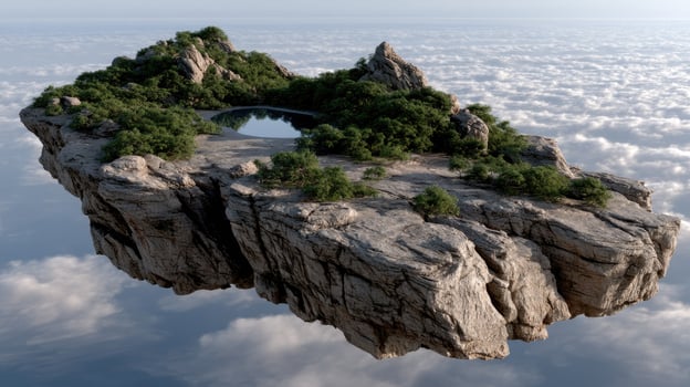 An island floating in the sky with trees and water photo