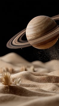 A saturn planet flying over a desert photo