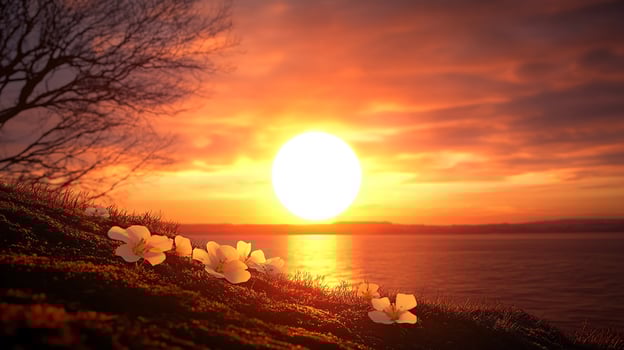 Beautiful Sunset Over Ocean with White Flowers photo