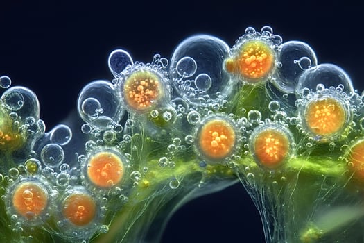 Volvox algae releasing daughter colonies creating oxygen bubbles photo