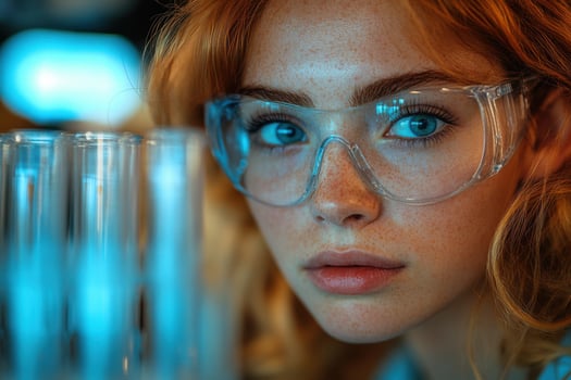 A woman in glasses looking at a test tube photo