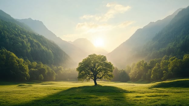 Lone tree stands in green meadow. Mountain range with forest covers landscape. Sunlight through the mountains at sunrise. Peaceful serene nature scenery. photo