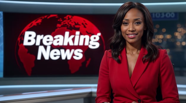 Confident female news anchor in red suit reporting breaking news in modern studio photo