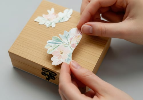 Hands applying floral paper cutout on wooden box for decoupage craft project photo