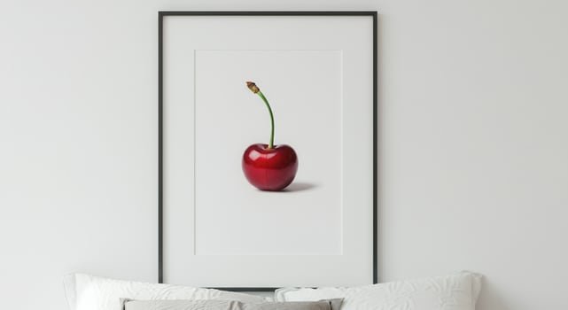 Minimalistic dark red cherry artwork in black frame for modern interior decor photo