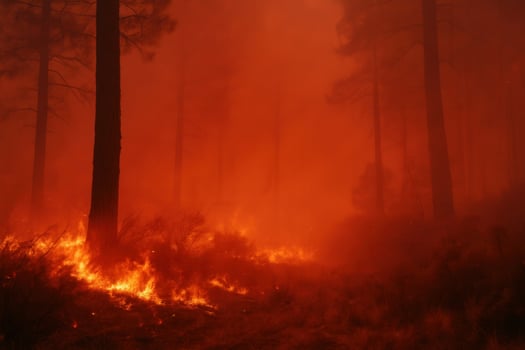 A wildfire blazes across a forest floor, lighting up trees and smoke in vivid red-orange tones. Ideal for illustrating the urgency of climate change and wildfire season impact. photo