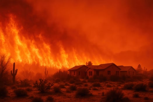 Towering flames surge across a desert hillside threatening residential homes in a dramatic wildfire scene. Perfect for themes of climate emergency, natural disasters, and fire safety awareness. photo