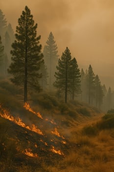 Wildfire slowly burning through a dry hillside with pine trees and smoke-filled atmosphere. Ideal for climate awareness, wildfire prevention campaigns, or editorial use on natural disasters. photo