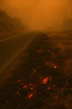 Glowing embers dot the roadside as wildfire smoke turns the sky orange. Ideal for environmental crisis themes, climate change impact, fire aftermath, and public safety campaigns. photo