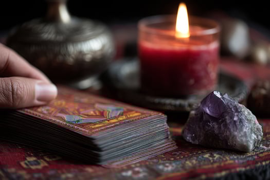Hand touching tarot card deck near candle and amethyst photo