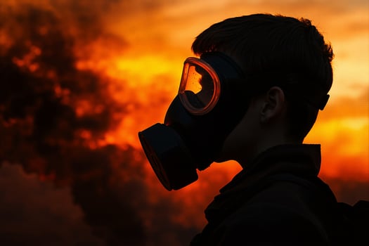 Young person wearing gas mask during apocalypse sunset photo