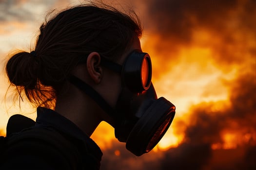 Woman wearing gas mask during apocalypse at sunset photo