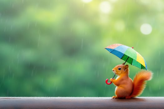 Funny red squirrel holding bright umbrella while sitting on wooden surface during rainy day photo