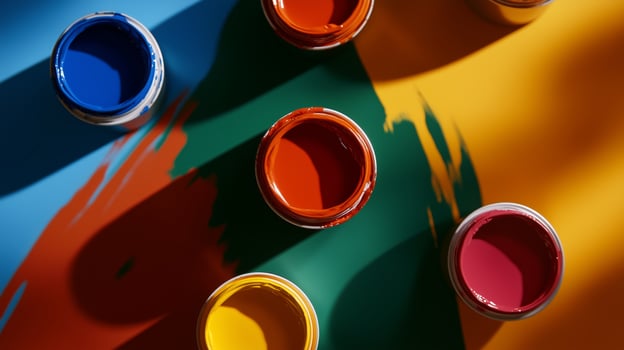Assorted open paint cans on vibrant photo