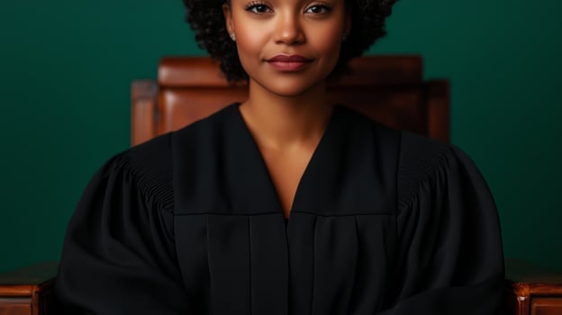 A woman in a judge's robe sitting in a chair photo