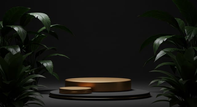 Golden pedestal with plants on black background 3d rendering photo