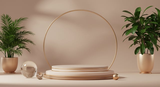 Golden pedestal with plants and a mirror photo
