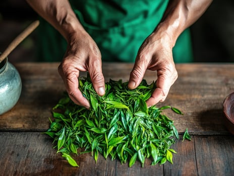 Palms Separating Freshly Harvested Tea photo