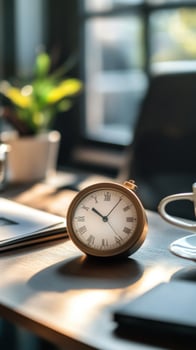 Peaceful Work Area with Coffee dan Clock photo