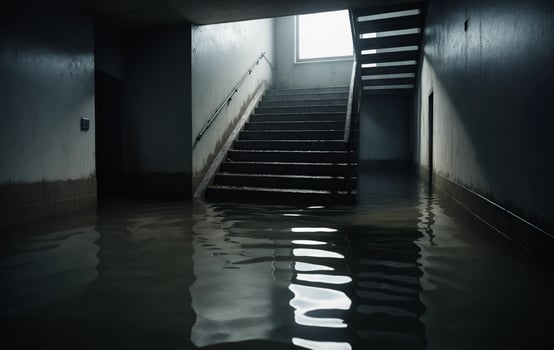 Flooded stairwell in a dark room with water photo