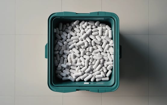 A green container filled with white pills photo