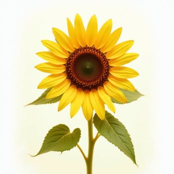Close Up Sunflower Featuring Vibrant Yellow Petals And Green Leaves On White photo