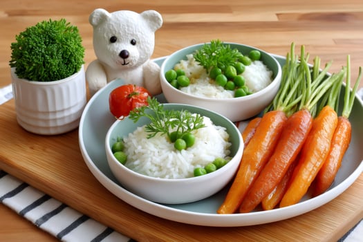 Delicious and healthy meal for kids with glazed carrots, rice and peas photo