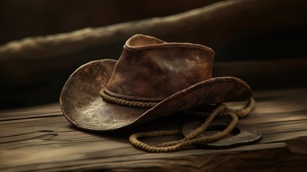 A cowboy hat sits on a wooden table photo
