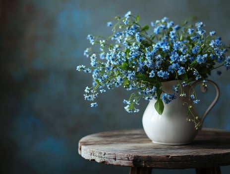 Beautiful blue flowers in a vase on a rustic wooden table photo