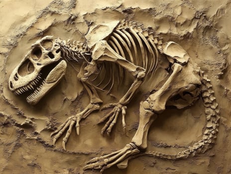 Fossilized skeleton of a large dinosaur displayed in a museum photo