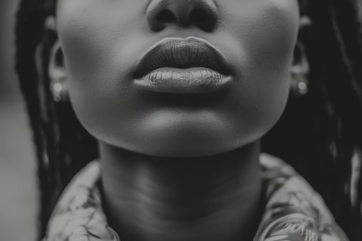 A close-up portrait of a stunning African American woman with bold black lips, highlighting her striking features and confident expression photo