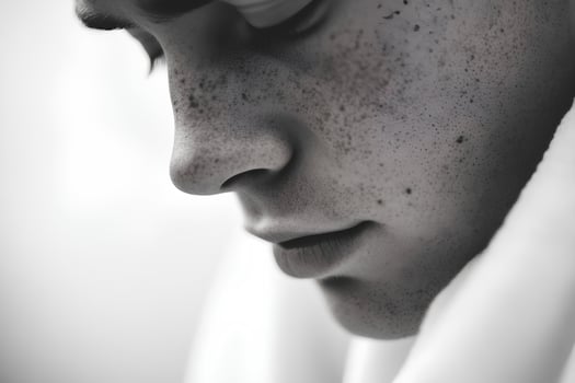 A close-up portrait of a young man with natural freckles on his face, showcasing his unique features and youthful charm photo