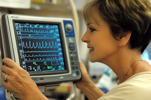 Close up shot of a senior woman interacting with an electrocardiogram ECG machine, highlighting her focus on monitoring heart health photo