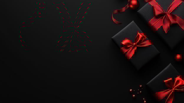 Three black boxes with red bows on top of a black background photo