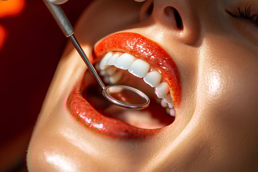 Close-up view of a female mouth with a dental mirror being used, showcasing the precision and care of dental work for oral health photo