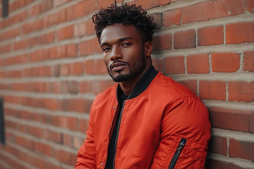 Urban Cool Stylish Man Strikes a Pose Against Brick Wall photo