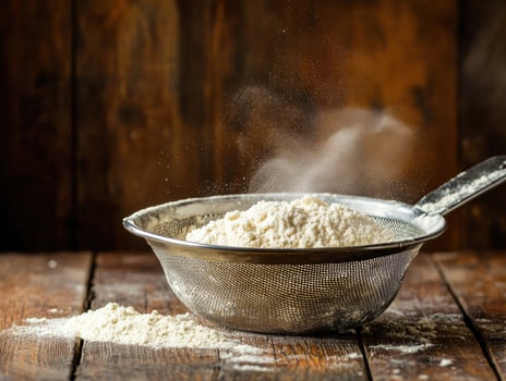Sifting flour through a mesh strainer in a rustic kitchen photo