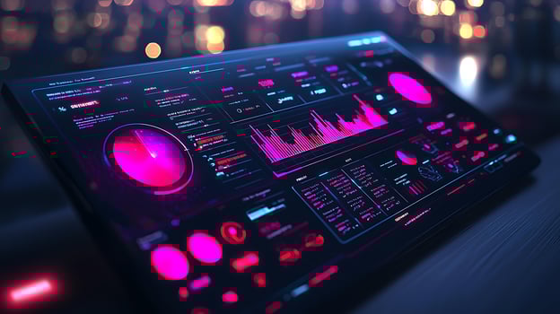 A laptop with a purple and pink glow photo