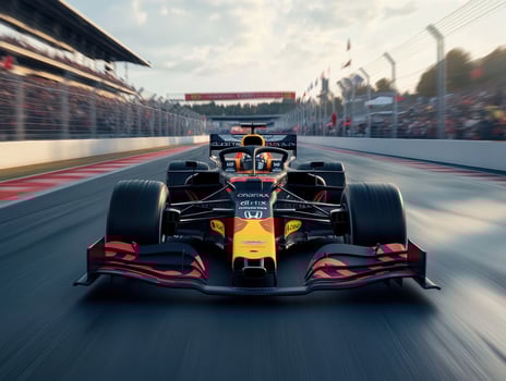 Fast racing car speeding down the track during daylight photo