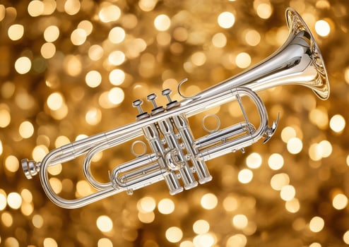 Shiny trumpet on a sparkling golden background photo