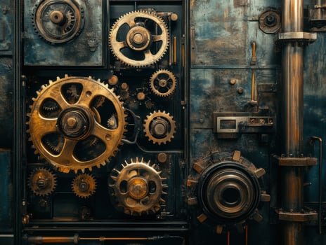 Intricate arrangement of vintage gears on a weathered machine photo