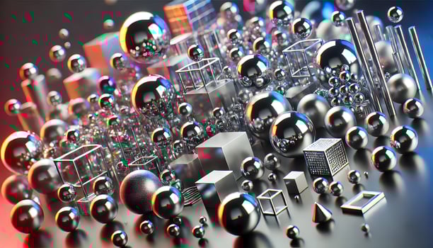 A bunch of shiny metal balls and cubes photo