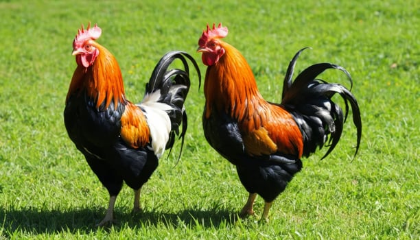 Two colorful roosters standing on green grass, displaying vibrant feathers, symbolizing farm life or poultry farming. photo