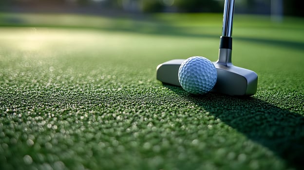 Nice Close-Up View of a Golf Putter and Ball on Grass photo