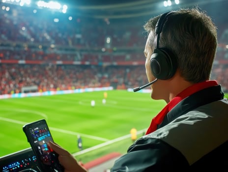 Commentary booth at a live football match during evening hours photo