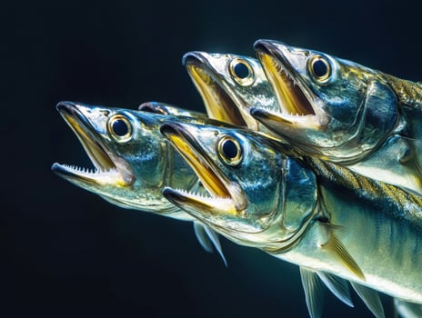 Fish swimming in unison in deep blue water background photo