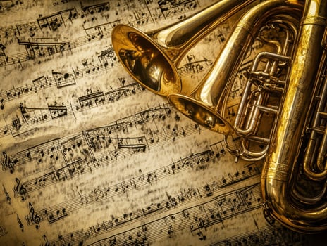 Beautiful brass instruments resting on vintage sheet music photo