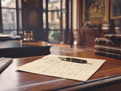 Handwritten letter on desk in elegant library setting photo