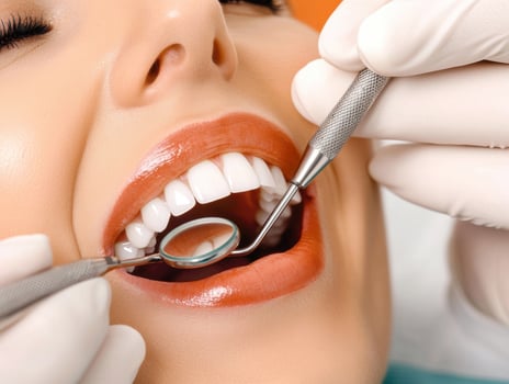 Woman receiving dental check-up in modern clinic setting photo